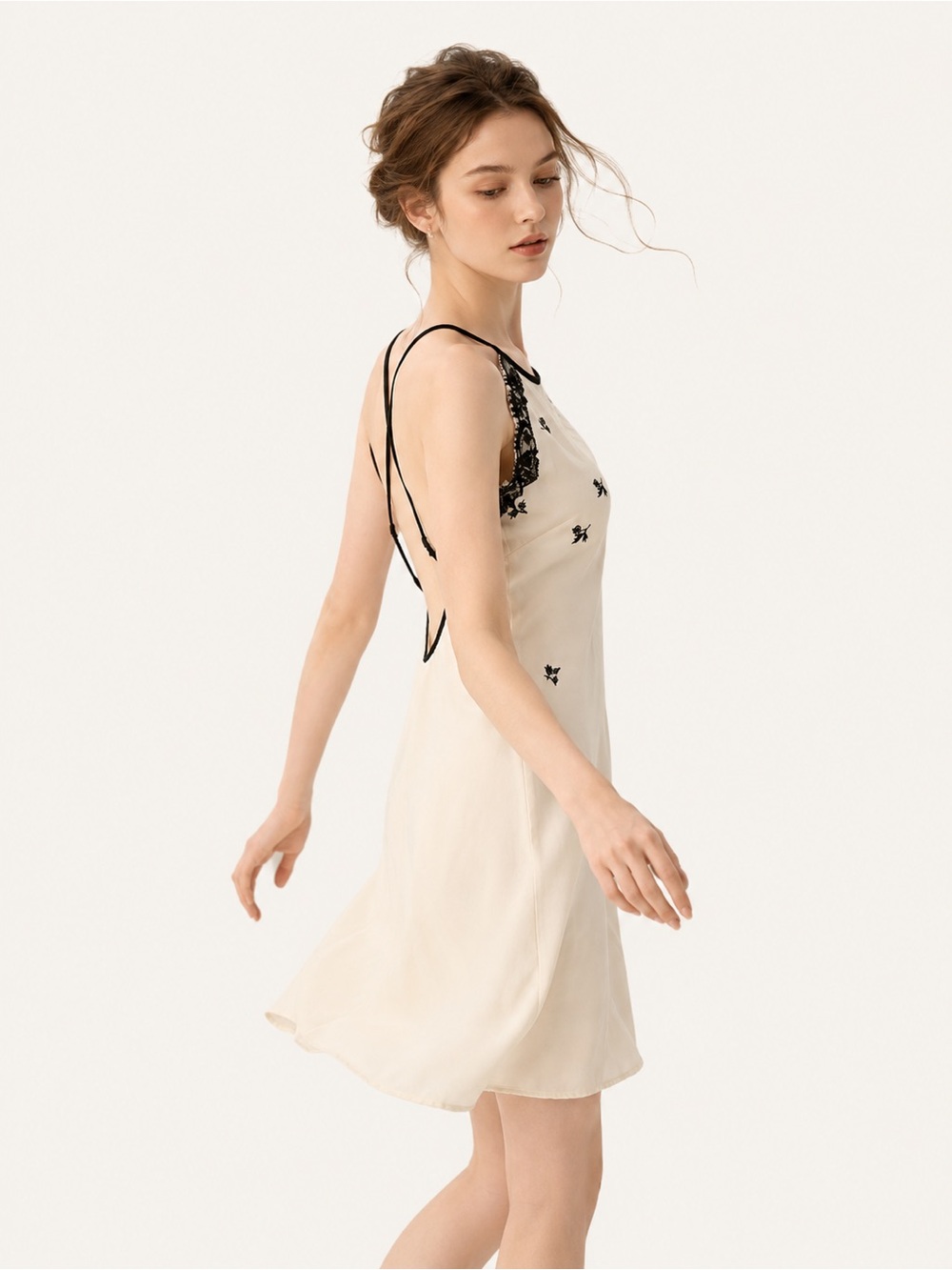 Josie by Natori Cream Lace Trim Slip Dress Open Back Nightgown Small